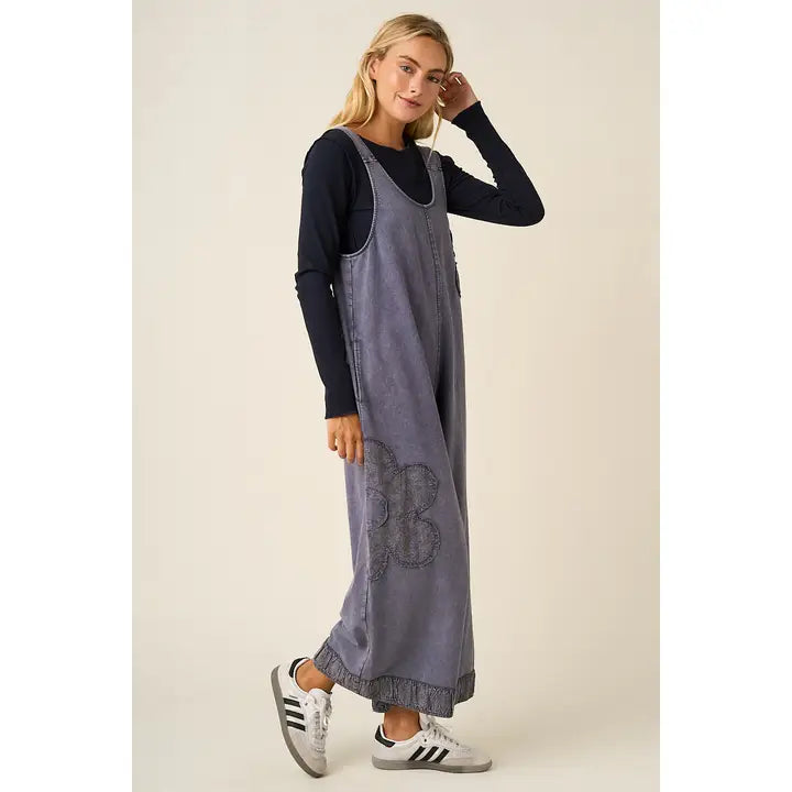 Floral Patch Wide Leg Overall Jumpsuit