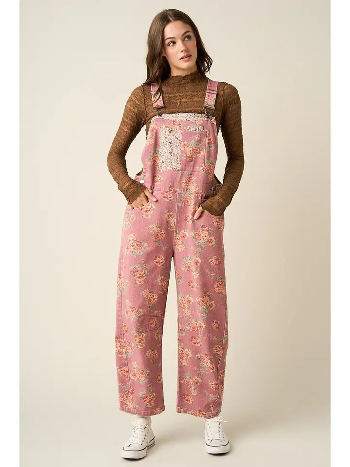 Floral Patchwork Barrel Leg Overalls
