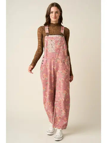 Floral Patchwork Barrel Leg Overalls