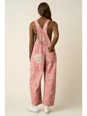 Floral Patchwork Barrel Leg Overalls