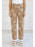 Floral Print Metal Button Pleated Straight Leg Jeans
