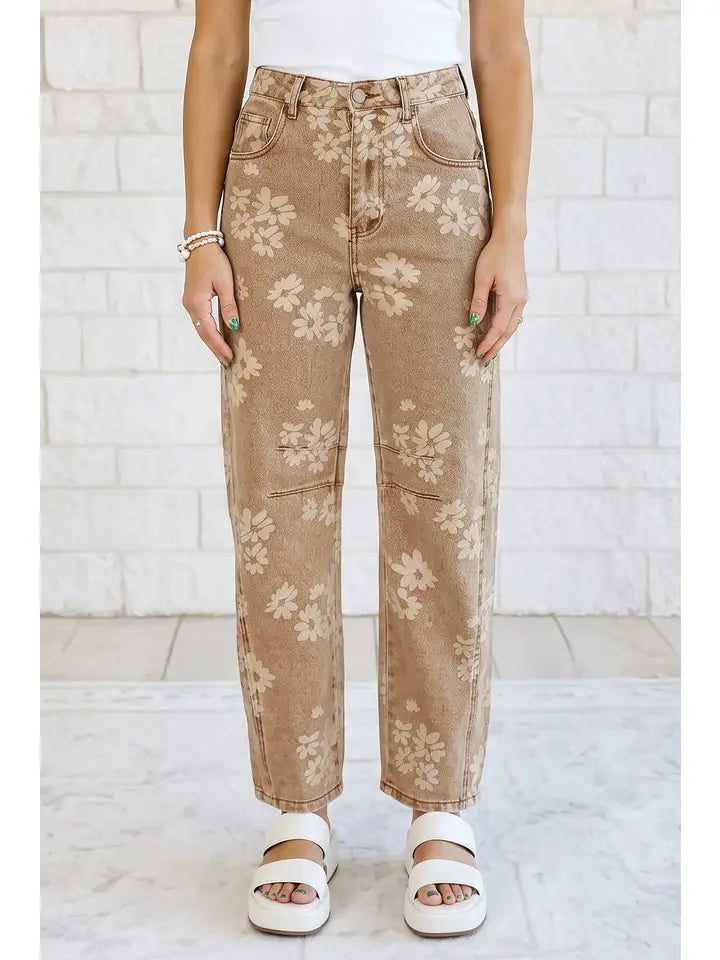 Floral Print Metal Button Pleated Straight Leg Jeans