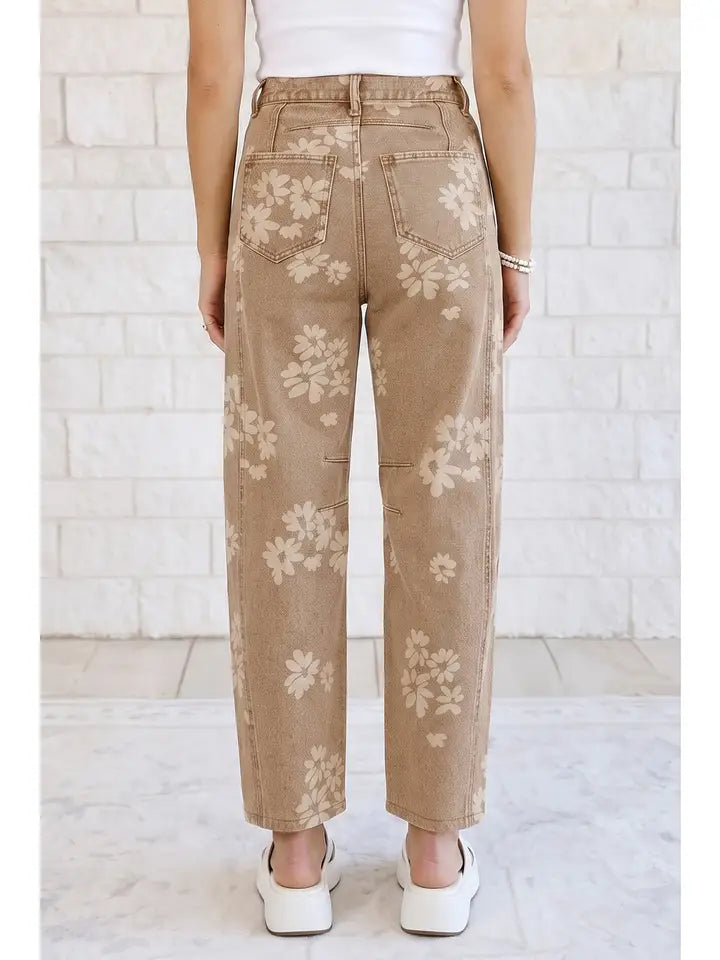 Floral Print Metal Button Pleated Straight Leg Jeans