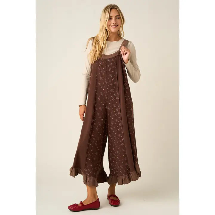 Floral Print Ruffle Flare V Back Wide Leg Jumpsuit