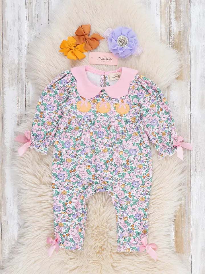 Floral Pumpkin Bow Embroidered Romper