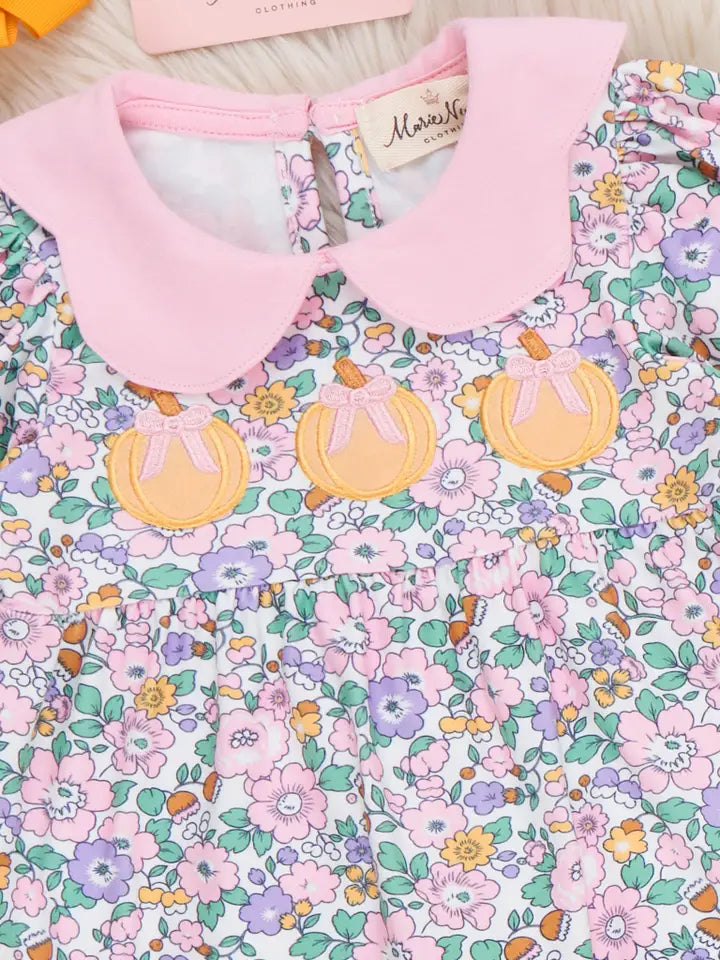 Floral Pumpkin Bow Embroidered Romper