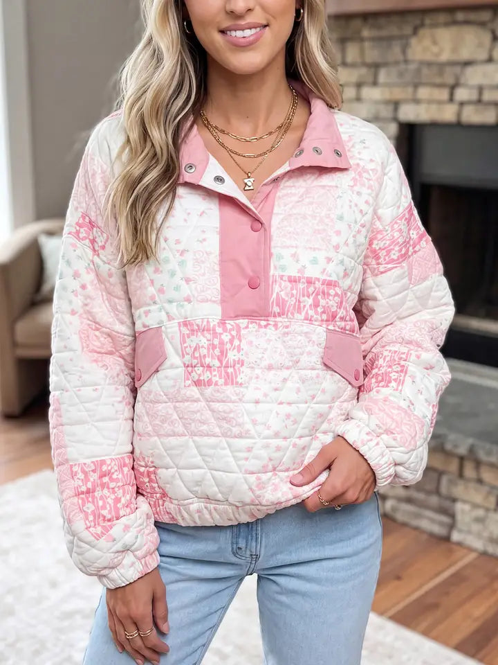 Floral Quilted Half Button Pocketed Pullover Sweatshirt