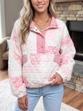 Floral Quilted Half Button Pocketed Pullover Sweatshirt