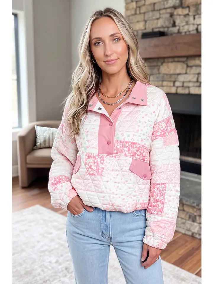 Floral Quilted Half Button Pocketed Pullover Sweatshirt