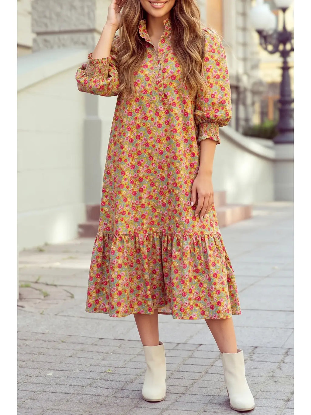 Floral Smocked Puff Sleeve Button Neck Ruffle Hem Midi Dress - Preorder Ship Date - 11/25/26