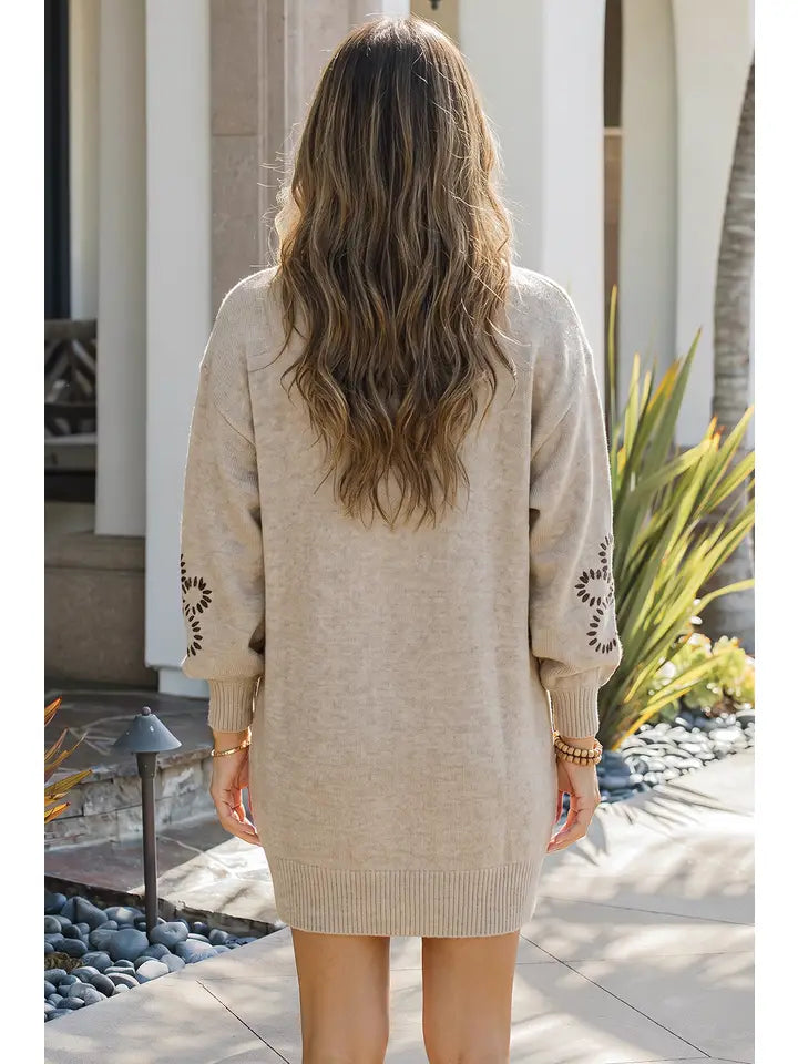 Floral Round Neck Puff Sleeve Shift Sweater Mini Dress