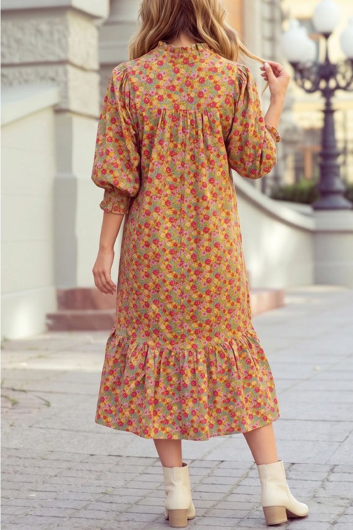 Floral Smocked Puff Sleeve Button Neck Ruffle Hem Midi Dress - Preorder Ship Date - 11/25/26