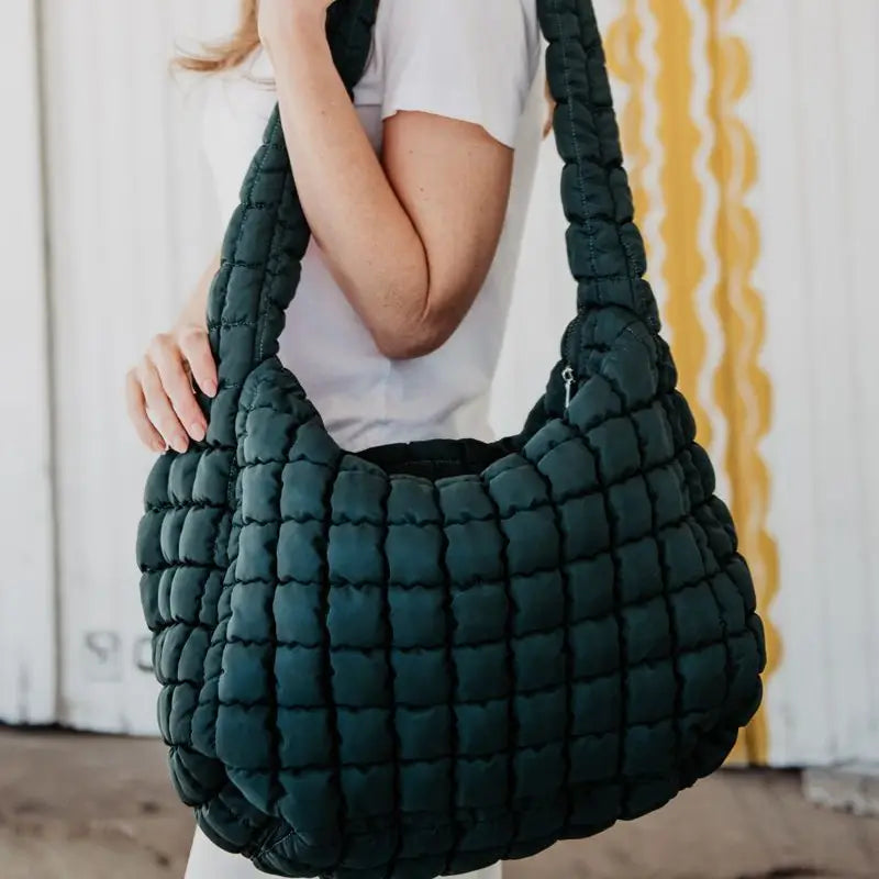 Kaydid Forest Green Oversized Quilted Hobo Tote Bag