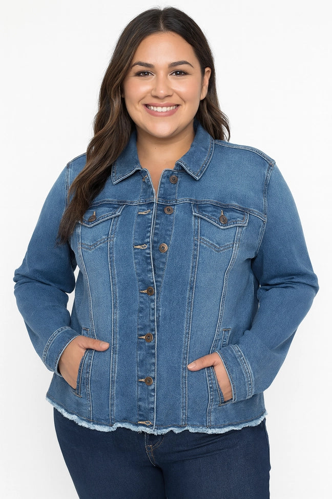 Plus Frayed Hem Denim Jacket - Curvy