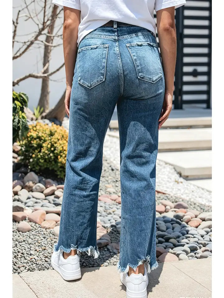 Frayed Edge Pocket Casual Daily Ankle-Length High Rise Denim Pants
