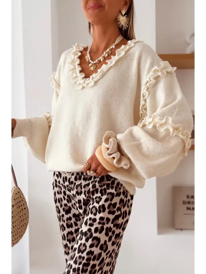 Frill V Neck Puff Sleeve Relaxed Sweater