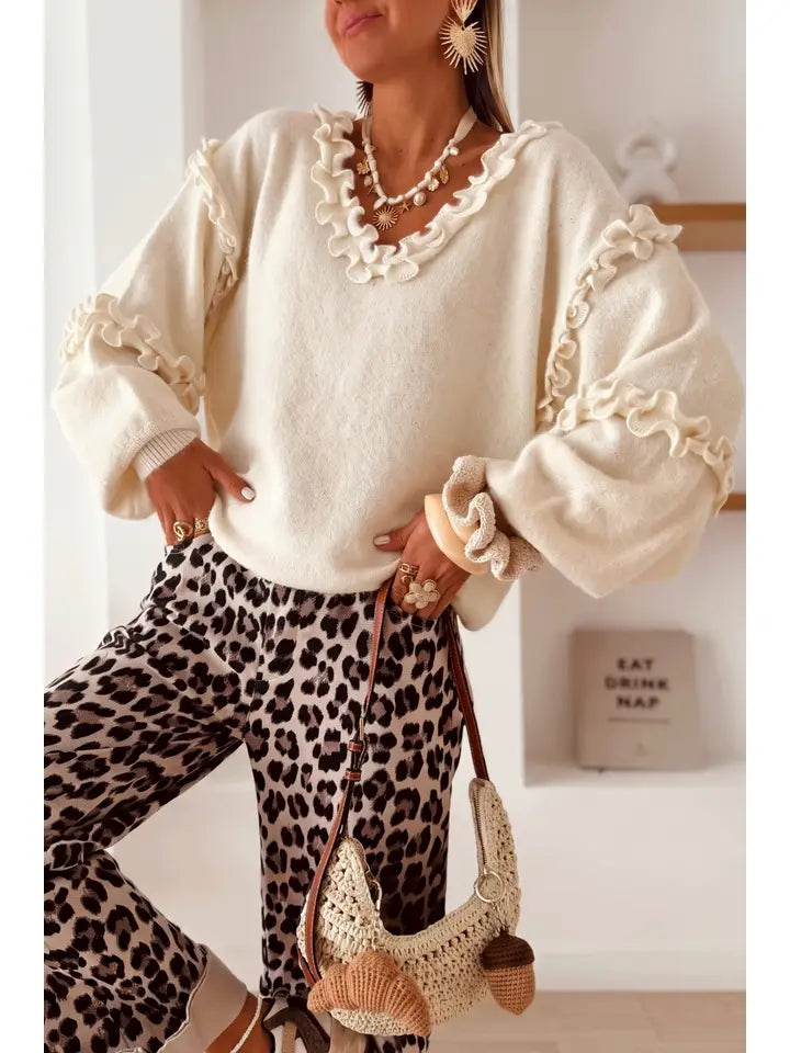 Frill V Neck Puff Sleeve Relaxed Sweater