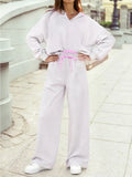 Frilled Collar Drop Shoulder Pullover Drawstring Pant Set
