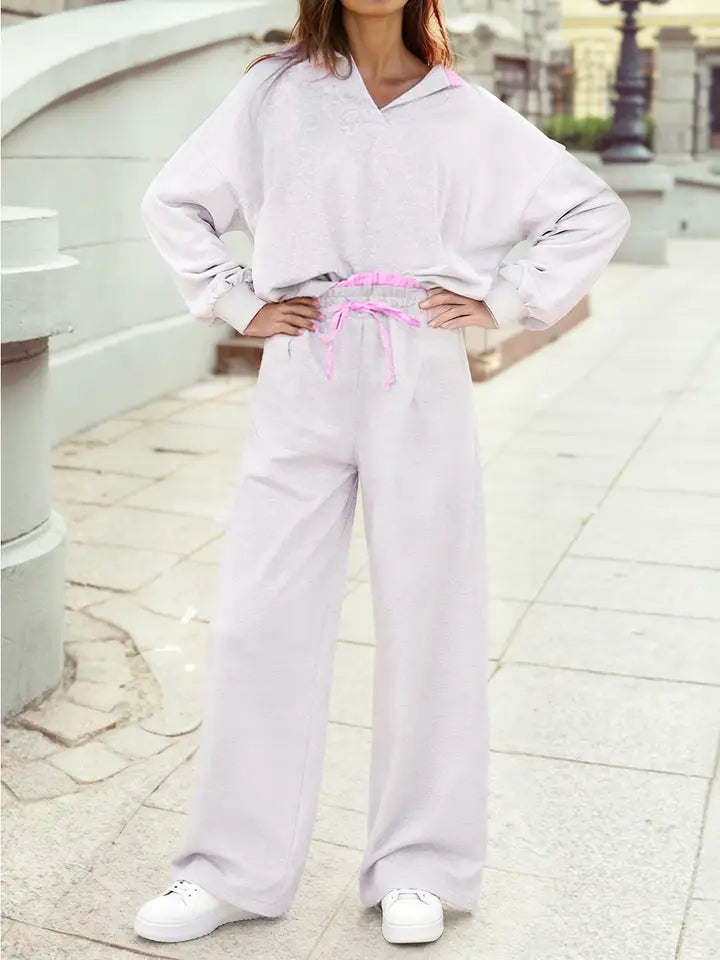Frilled Collar Drop Shoulder Pullover Drawstring Pant Set