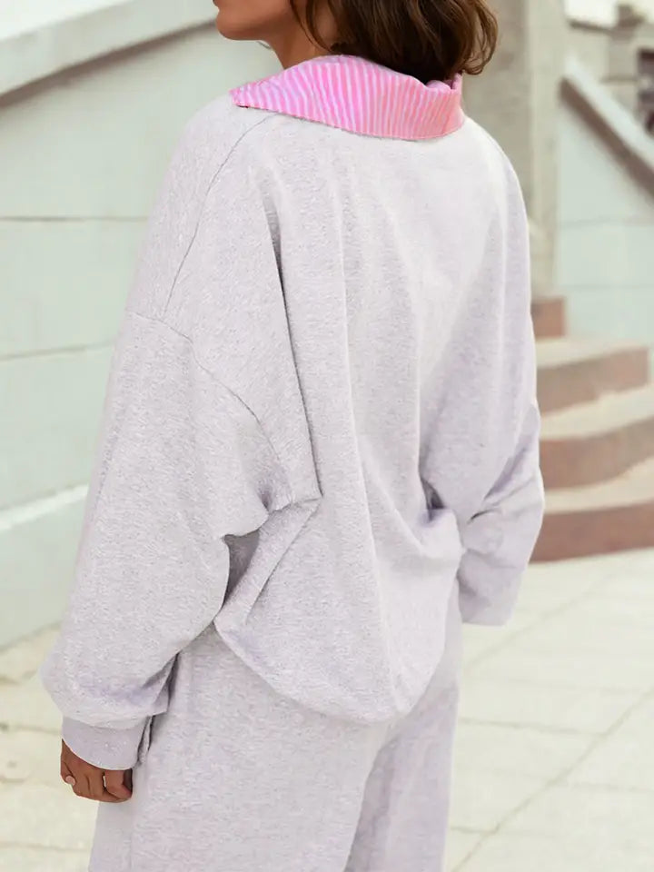 Frilled Collar Drop Shoulder Pullover Drawstring Pant Set