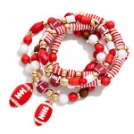 Game Day Beaded Stretch Bracelet Featuring Heishi Beads, Gold Tones, & Foot Ball Charms