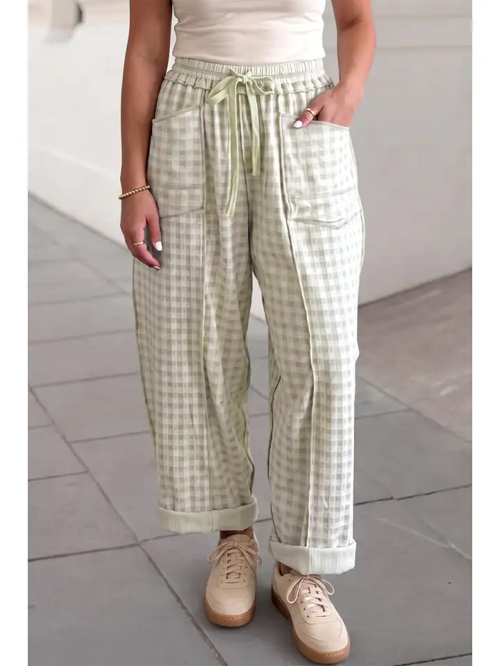 Gingham Drawstring Elastic Waist Pants