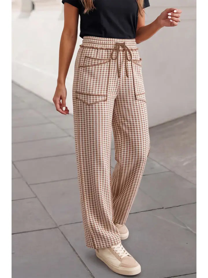 Gingham Drawstring Elastic Waist Pants