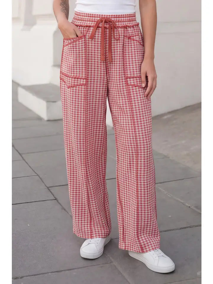 Gingham Drawstring Elastic Waist Pants