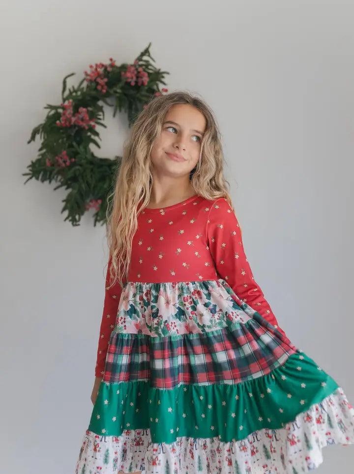 Girls Avery Long Sleeve Tiered Christmas Holiday Twirl Dress