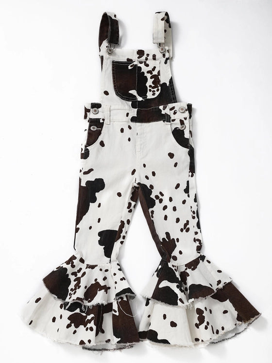 Girls Cow Print Denim Double Layer Overalls