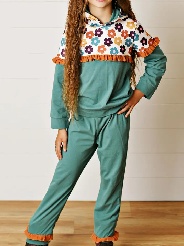 Girls Molly Forest Green Floral Winter Fall Hooded Sweat Set