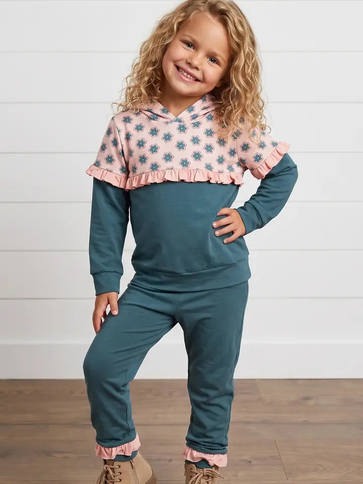 Girls Molly Teal Bloom Floral Winter Fall Hooded Sweat Set