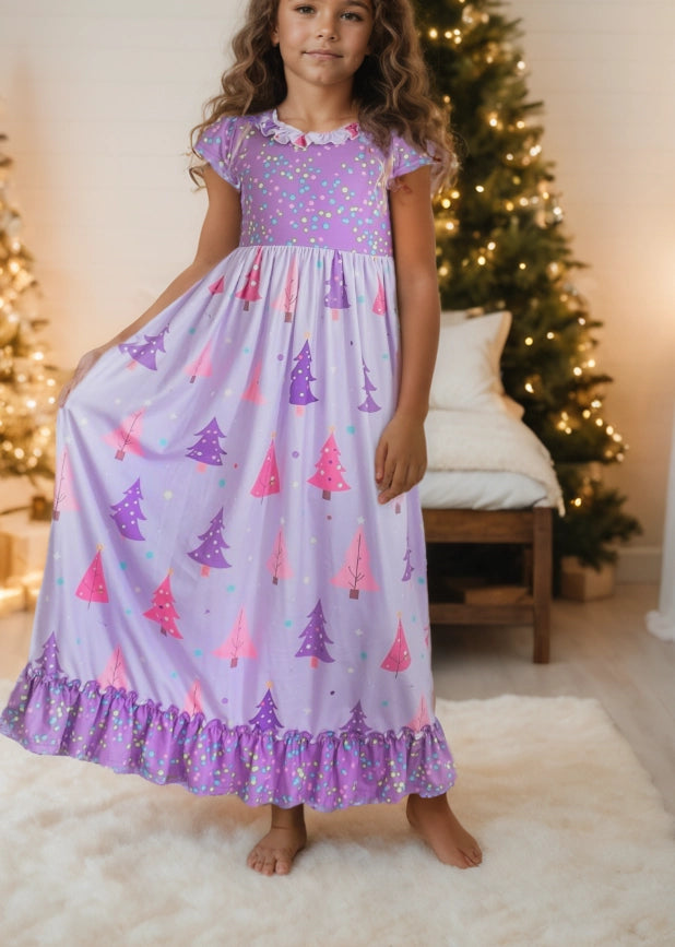 Girls Purple Christmas Tree Holiday Ruffle Lounge Play Gown