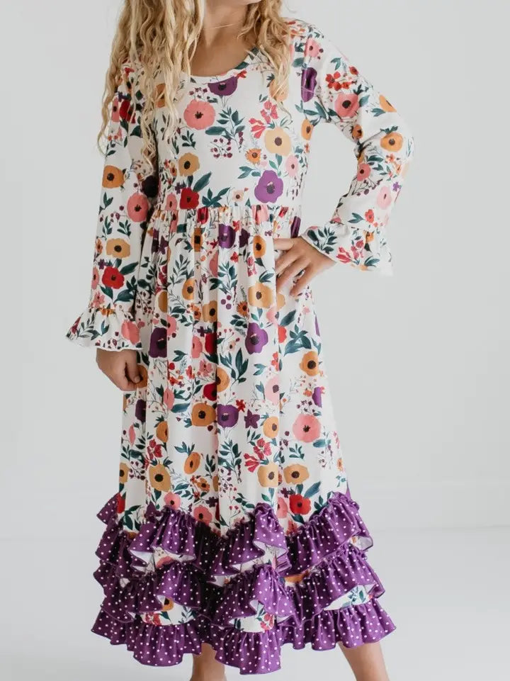 Girls Purple Dot & Winter Floral Long Sleeve 3 Ruffle Dress
