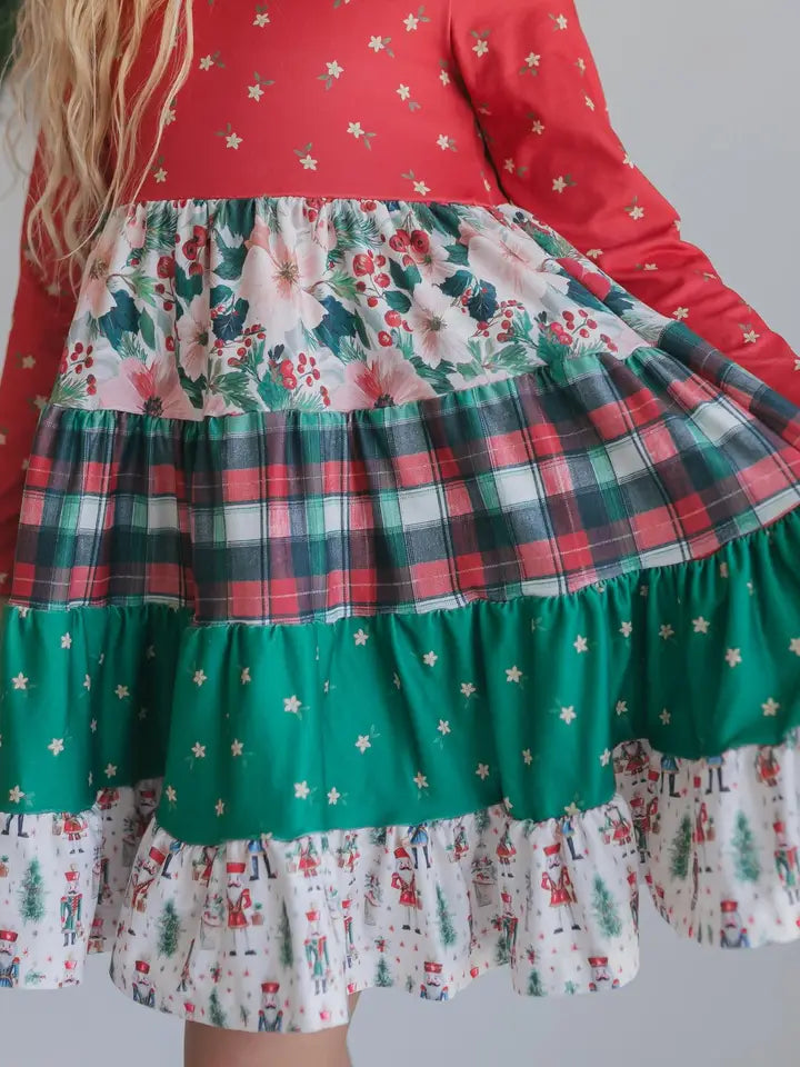 Girls Avery Long Sleeve Tiered Christmas Holiday Twirl Dress