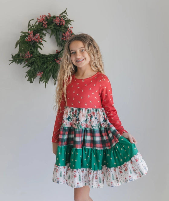 Girls Avery Long Sleeve Tiered Christmas Holiday Twirl Dress