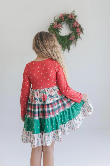 Girls Avery Long Sleeve Tiered Christmas Holiday Twirl Dress