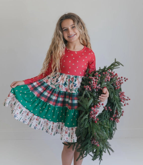 Girls Avery Long Sleeve Tiered Christmas Holiday Twirl Dress