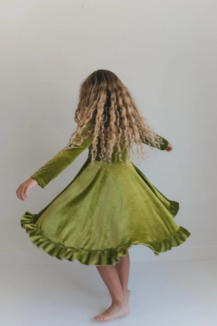 Girls Brooke Green Fir Velvet Holiday Winter Twirl Dress