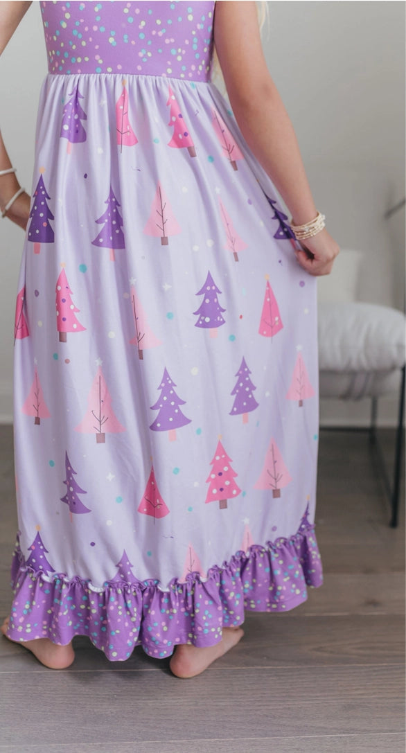 Girls Purple Christmas Tree Holiday Ruffle Lounge Play Gown