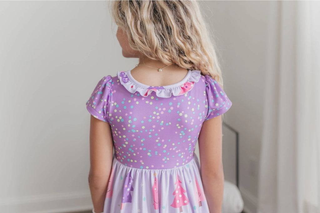 Girls Purple Christmas Tree Holiday Ruffle Lounge Play Gown