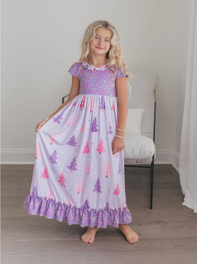 Girls Purple Christmas Tree Holiday Ruffle Lounge Play Gown