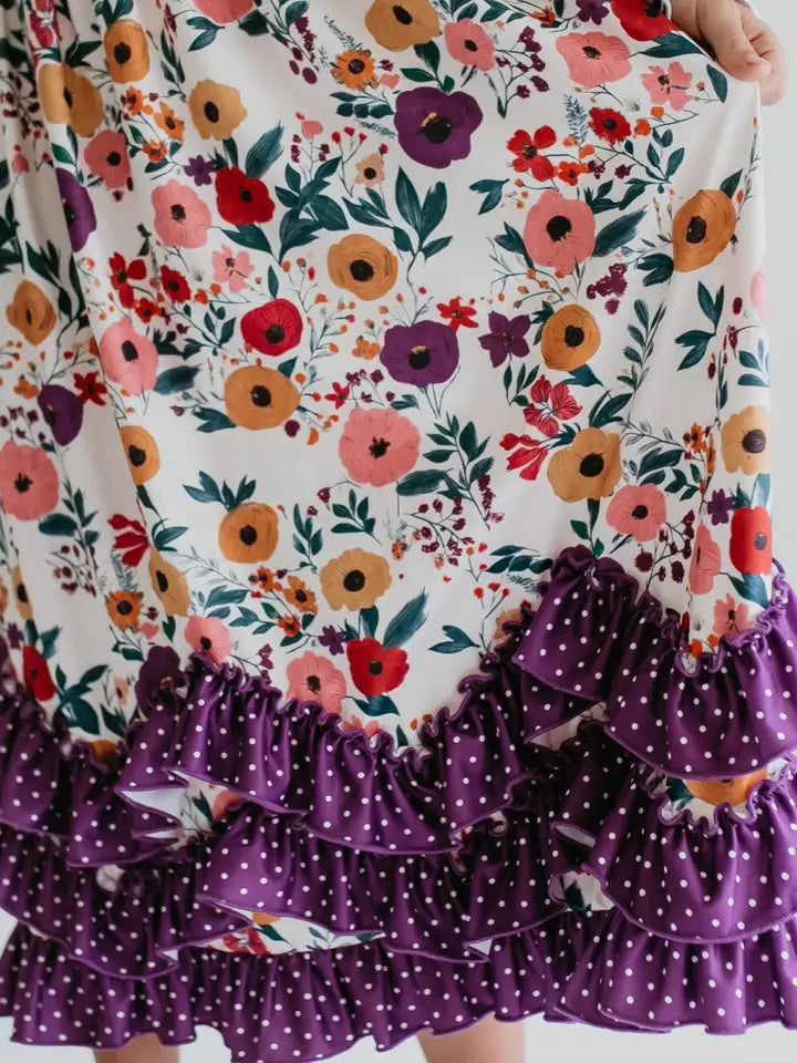 Girls Purple Dot & Winter Floral Long Sleeve 3 Ruffle Dress