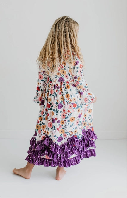 Girls Purple Dot & Winter Floral Long Sleeve 3 Ruffle Dress