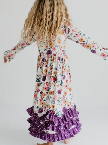 Girls Purple Dot & Winter Floral Long Sleeve 3 Ruffle Dress