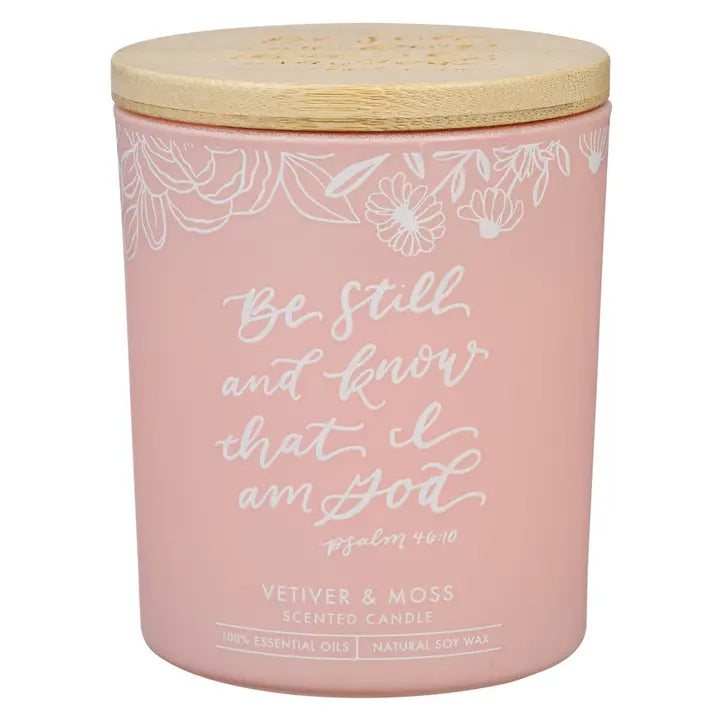 Glass Candle W/Bamboo Lid Pink Be Still Ps. 46:10