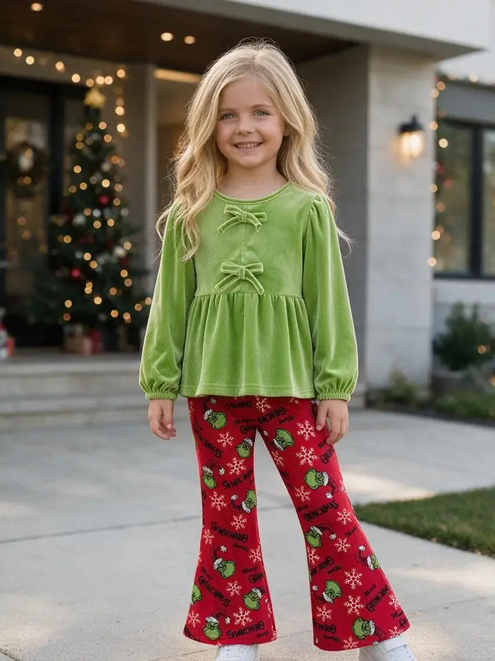 Green Faux Velvety Tunic and Red Pants