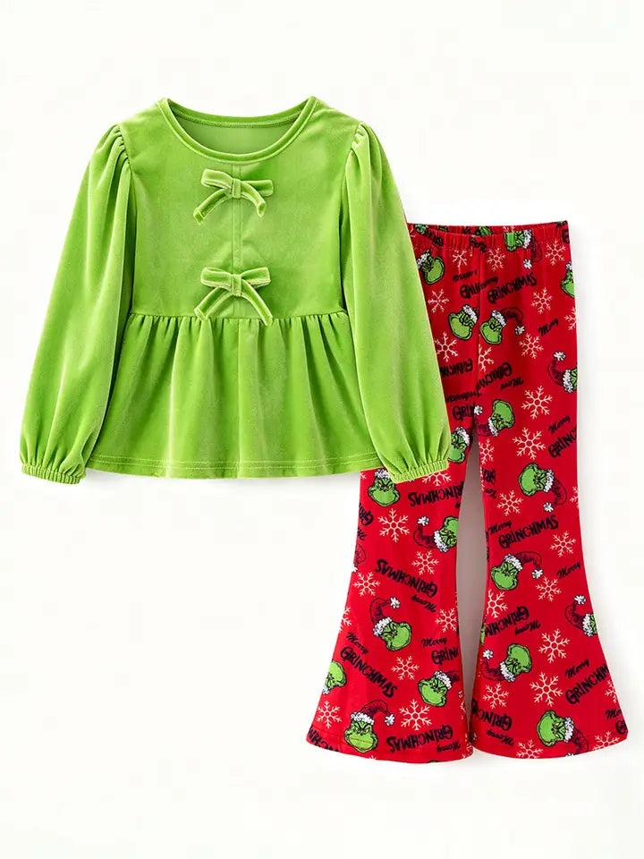 Green Faux Velvety Tunic and Red Pants