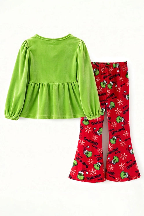 Green Faux Velvety Tunic and Red Pants
