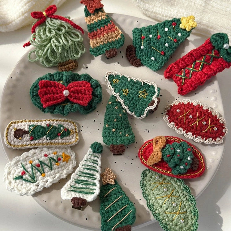 Handmade Crochet Christmas Tree No Crease Hair Clip